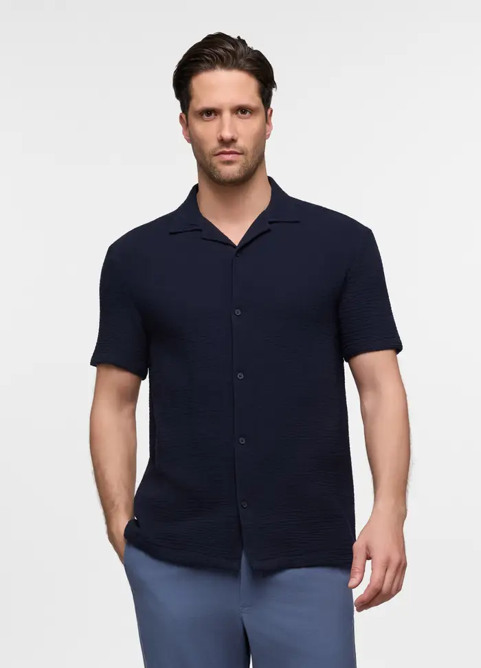 Camicia A Maniche Corte In Seersucker Di Cotone Uomo, Blu scuro