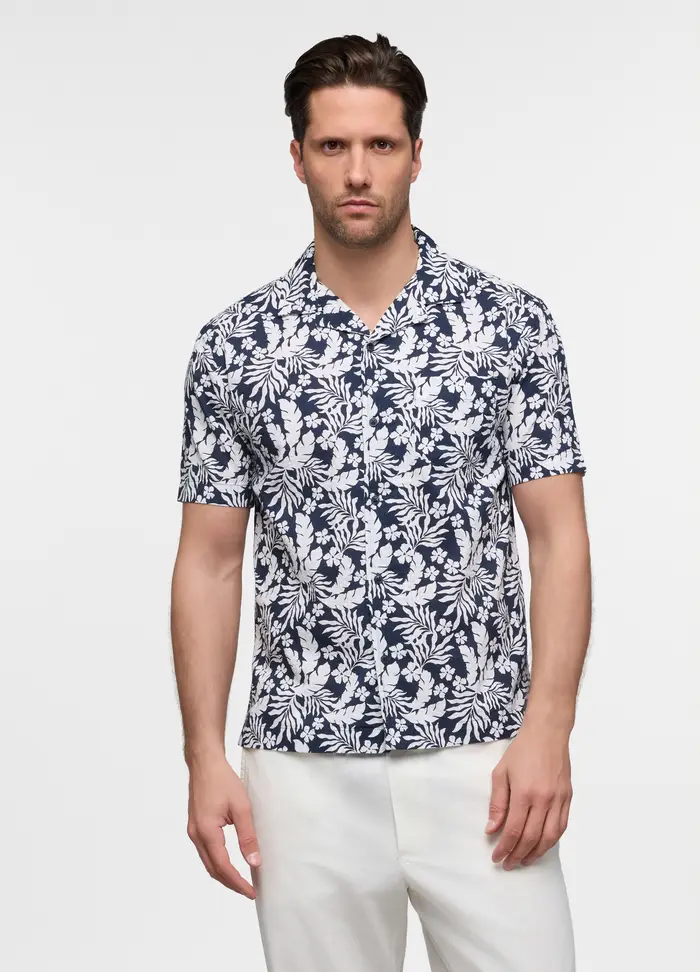 Camicia A Maniche Corte In Seersucker Stampato Uomo, Bianco/Blu