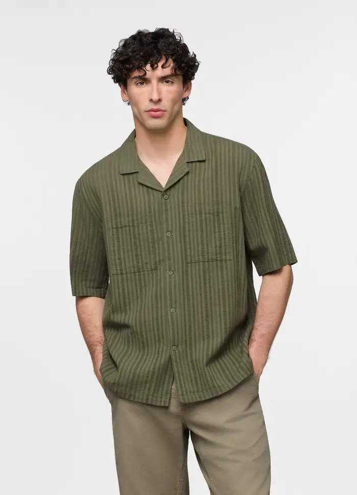 UPIM HB Camicia Bowling A Maniche Corte In Cotone E Lino Uomo, Verde militare