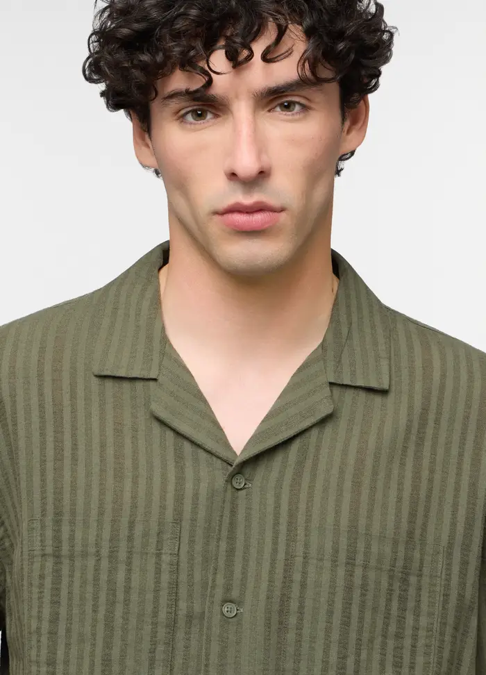 Camicia Bowling A Maniche Corte In Cotone E Lino Uomo, Verde militare