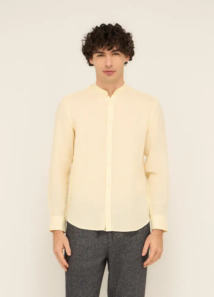 Camicia Colletto Coreano In Puro Lino Uomo, Giallo chiaro