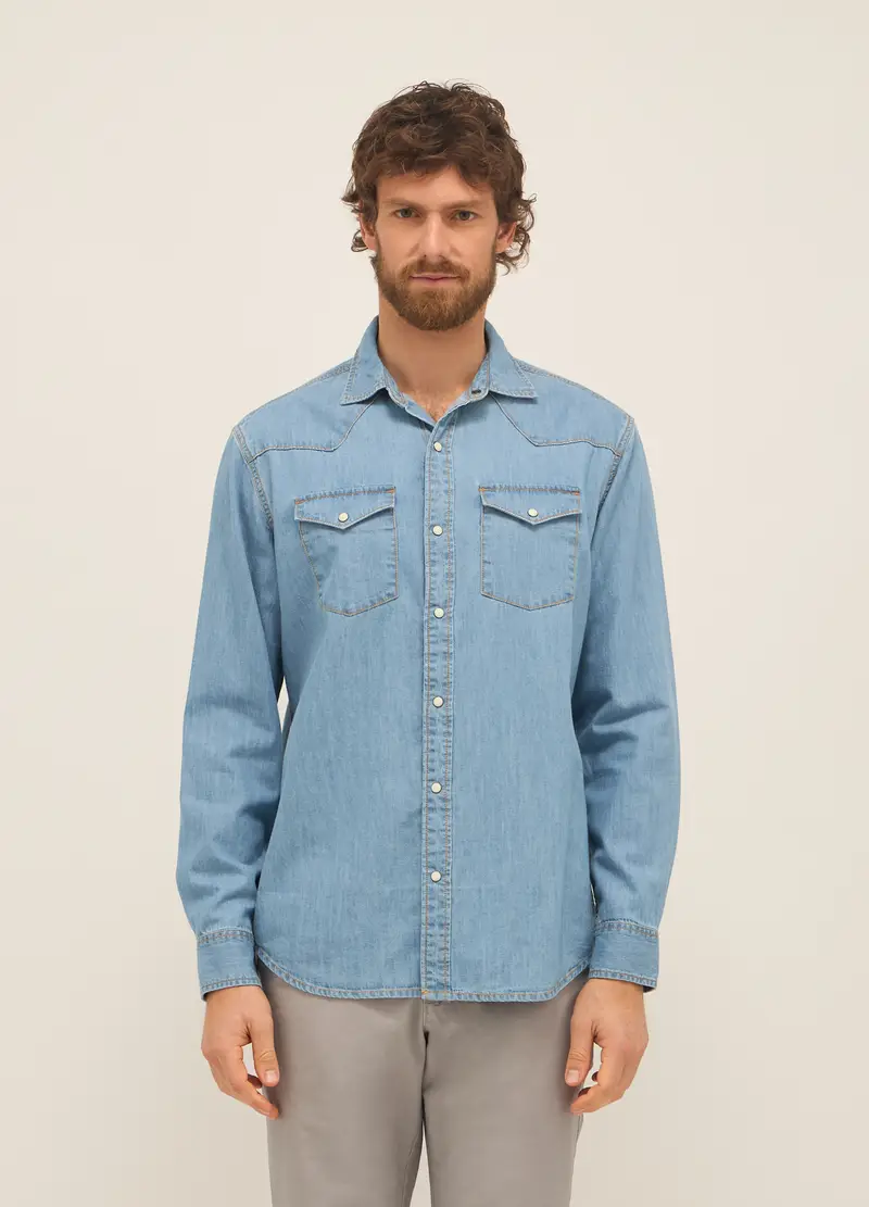 UPIM HB, Camicia In Denim Di Cotone Con Spalloni E Taschini, Uomo, Azzurro chiaro, Taglia: M