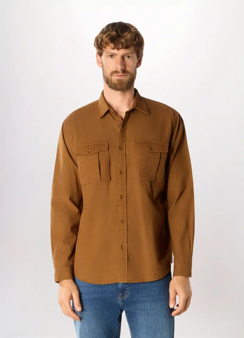 Camicia In Velluto Di Cotone Uomo, Marrone tabacco