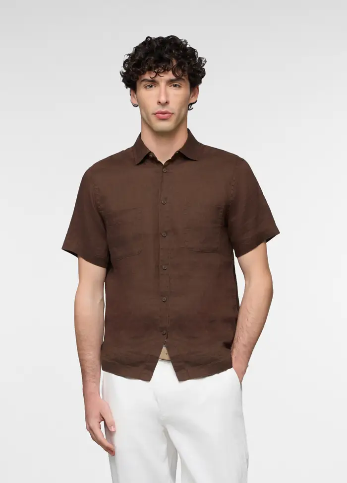 Camicia Manica Corta In Lino Uomo, Marrone cioccolato