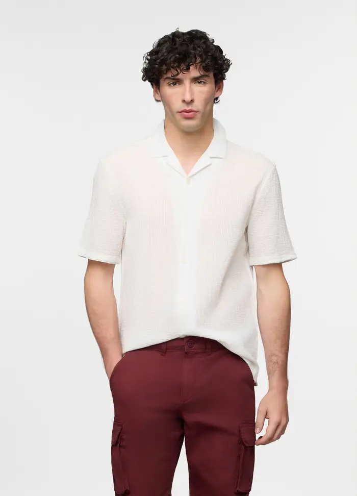 Camicia Manica Corta In Seersucker Uomo, Bianco avorio