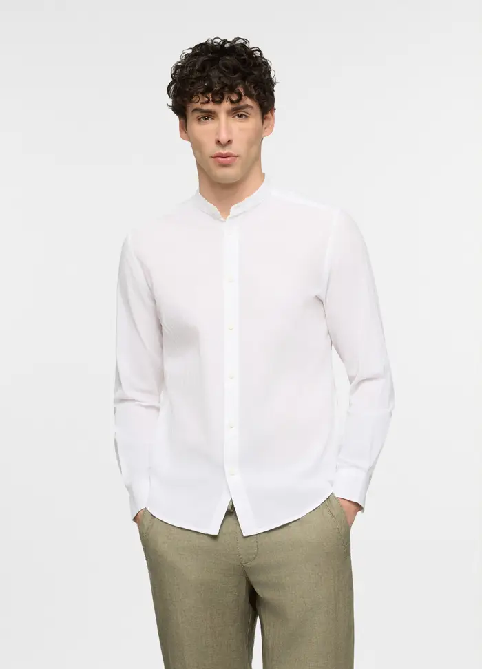 Camicia Regular Fit Con Collo Coreano In Cotone Uomo, Bianco ottico