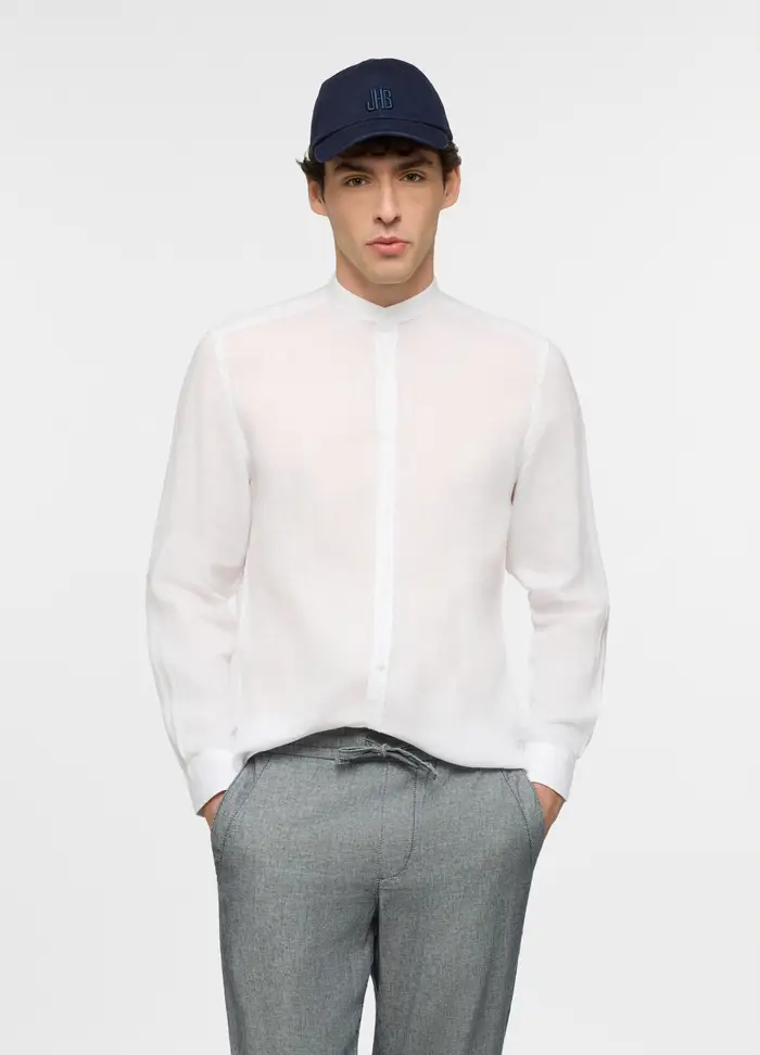 Camicia Regular Fit Con Collo Coreano In Lino Uomo, Bianco ottico