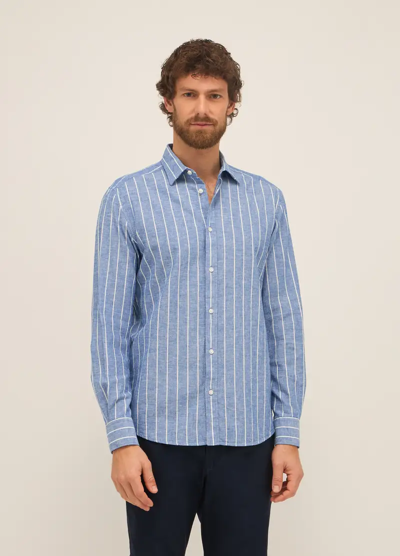 UPIM HB, Camicia Regular Fit In Cotone E Lino A Righe, Uomo, Azzurro cielo, Taglia: S
