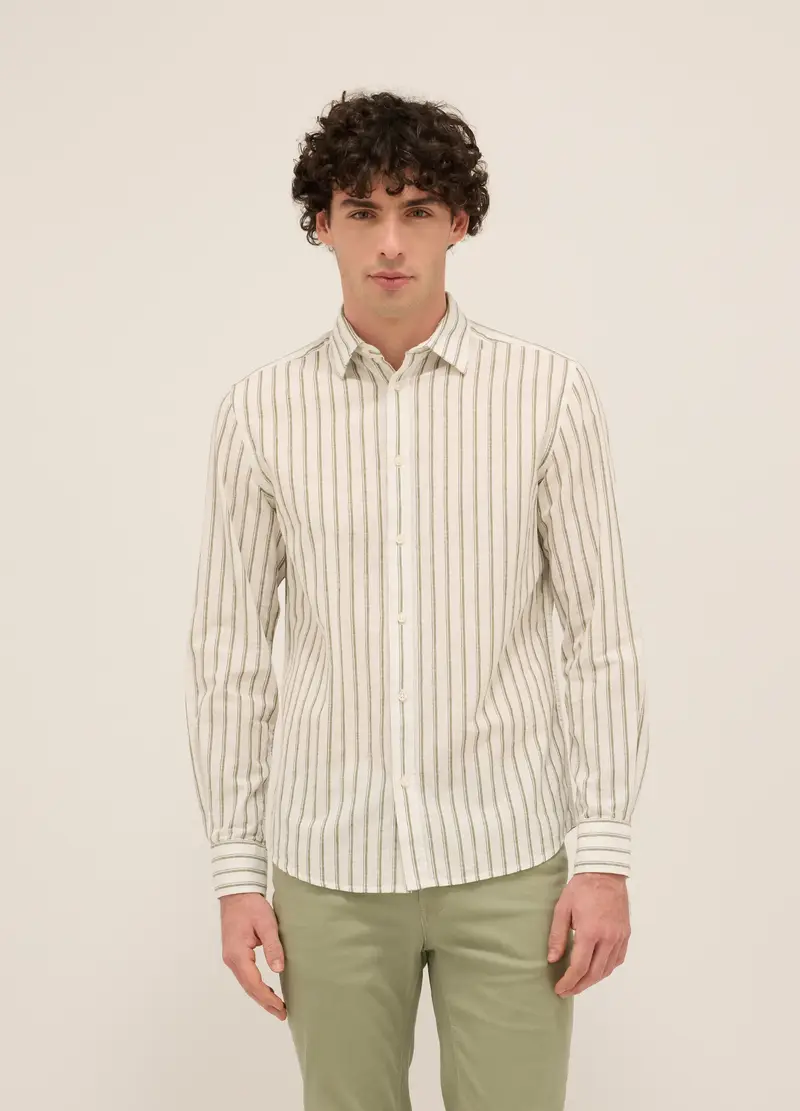 UPIM HB, Camicia Regular Fit In Cotone E Lino A Righe Uomo, Verde oliva, Taglia: S