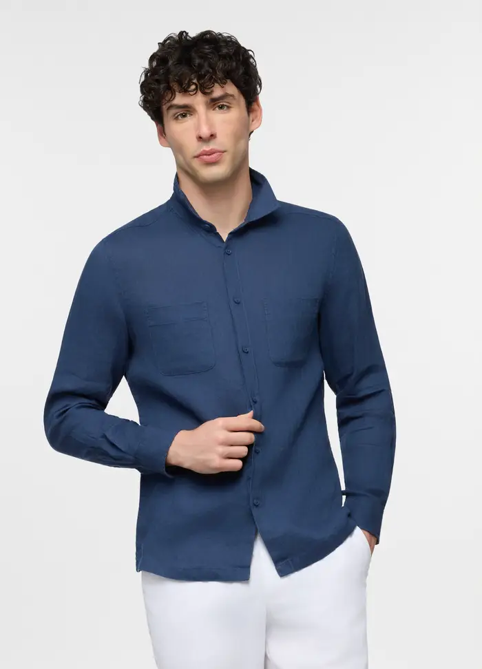 UPIM HB Camicia Regular Fit In Lino Con Collo Classico E Doppia Tasca Uomo, Blu