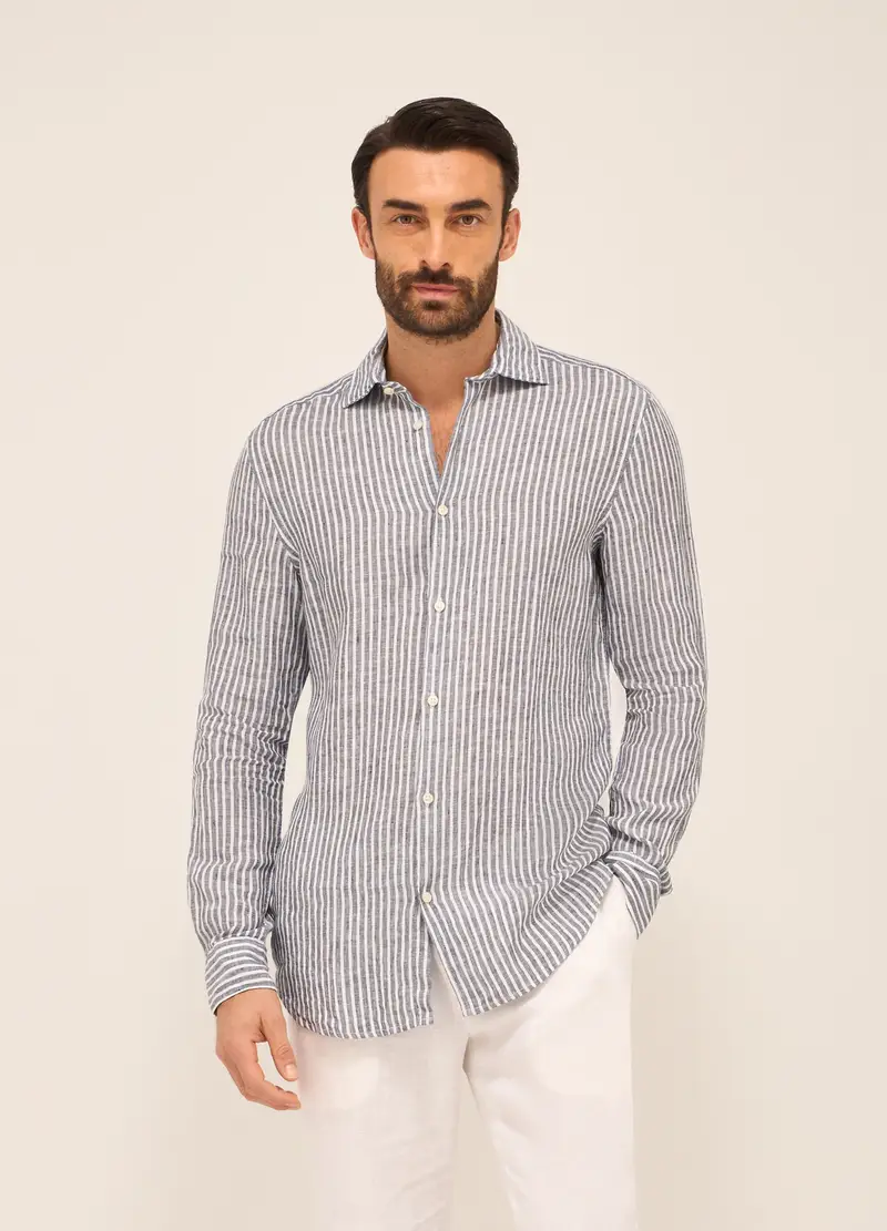 UPIM HB, Camicia Slim Fit In Lino A Righe Uomo, Bianco/Blu, Taglia: 39