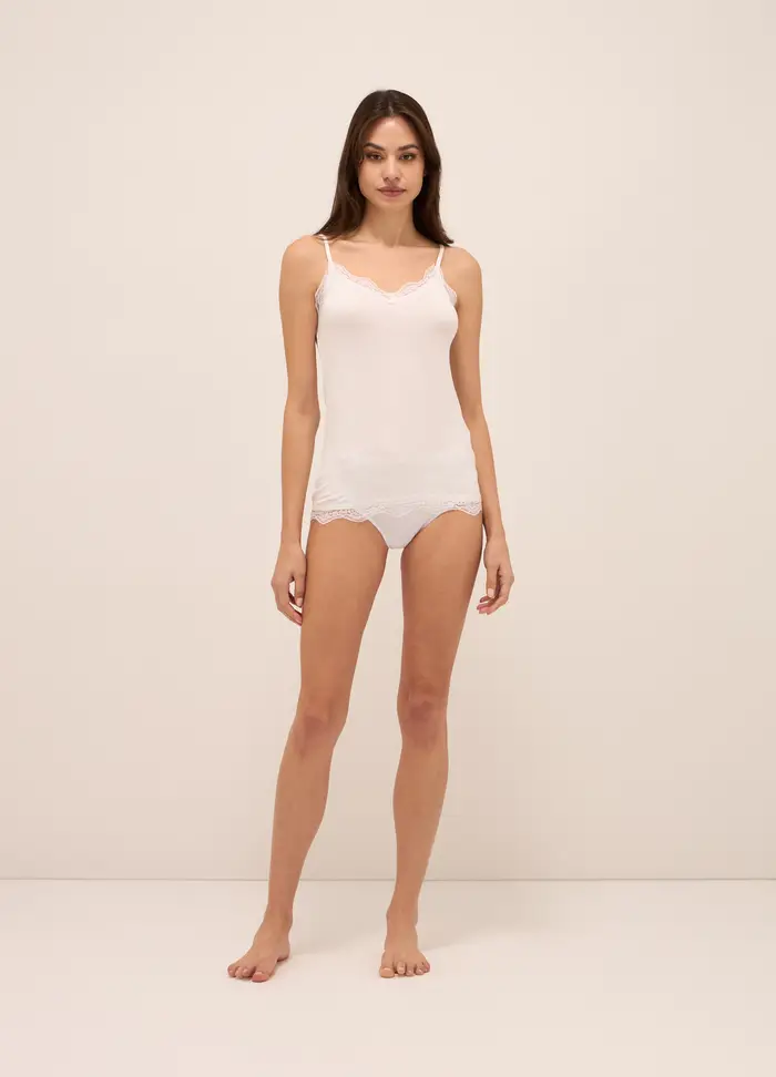 Canotta In Viscosa Stretch Con Pizzo Donna, Bianco gesso