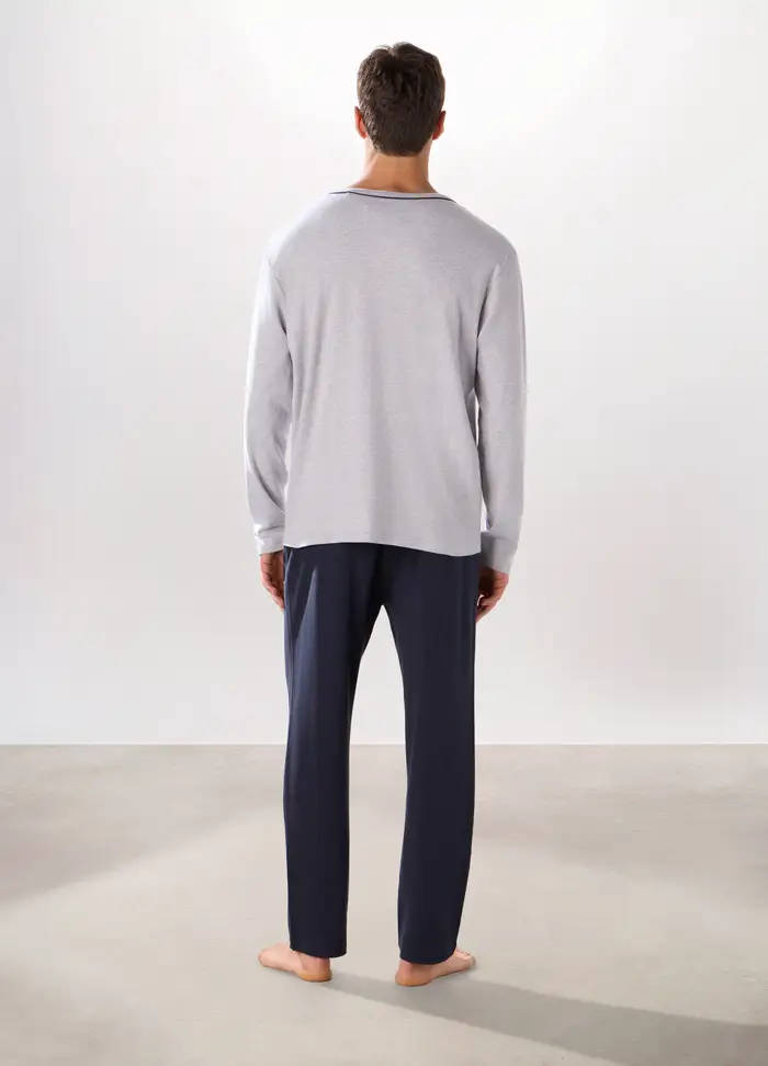 Pigiama Aperto In Puro Cotone Interlock Uomo, Grigio/Blu