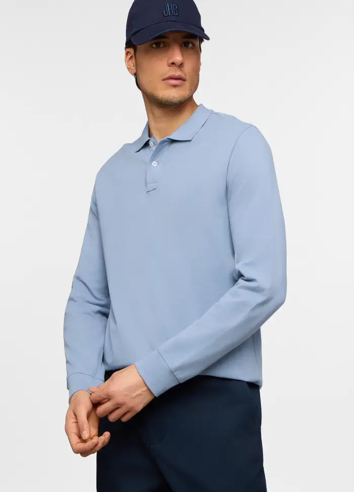 Polo A Maniche Lunghe In Piquet Tinta Unita Uomo, Azzurro celeste