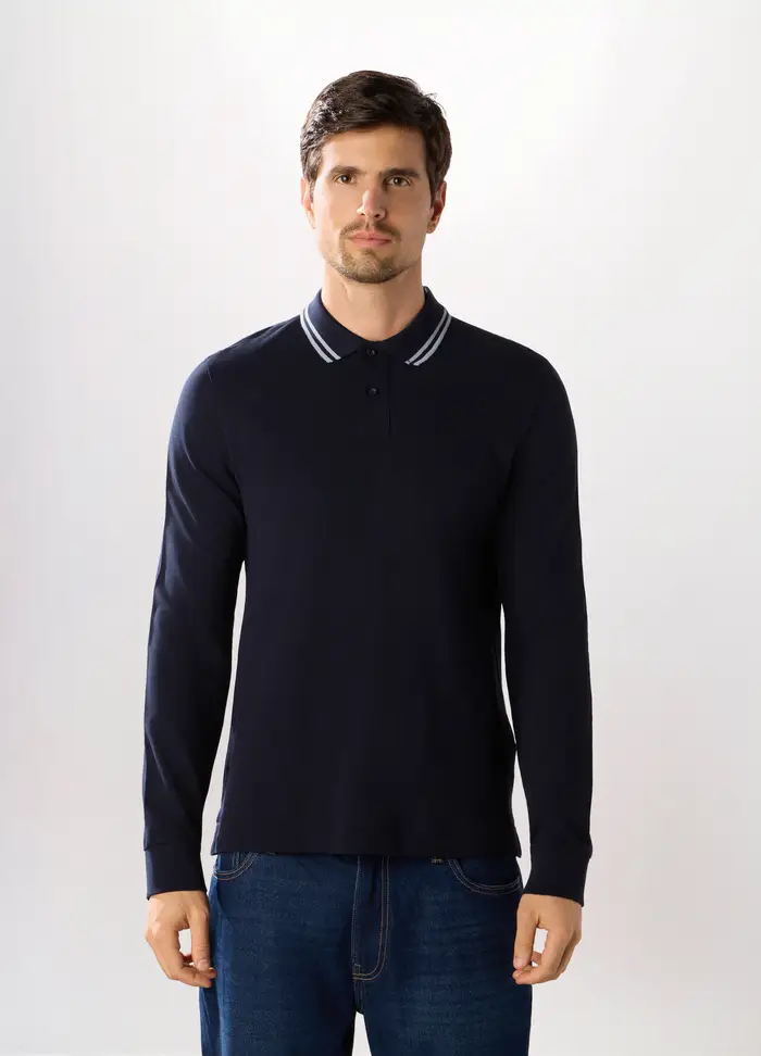 Polo Con Colletto A Contrasto In Cotone Piquet Uomo, Blu scuro