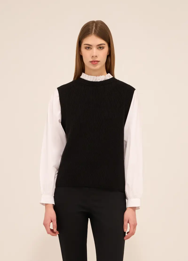 UPIM HB Tricot Smanicato Misto Viscosa Con Inserto Camicia Donna, Nero/Bianco