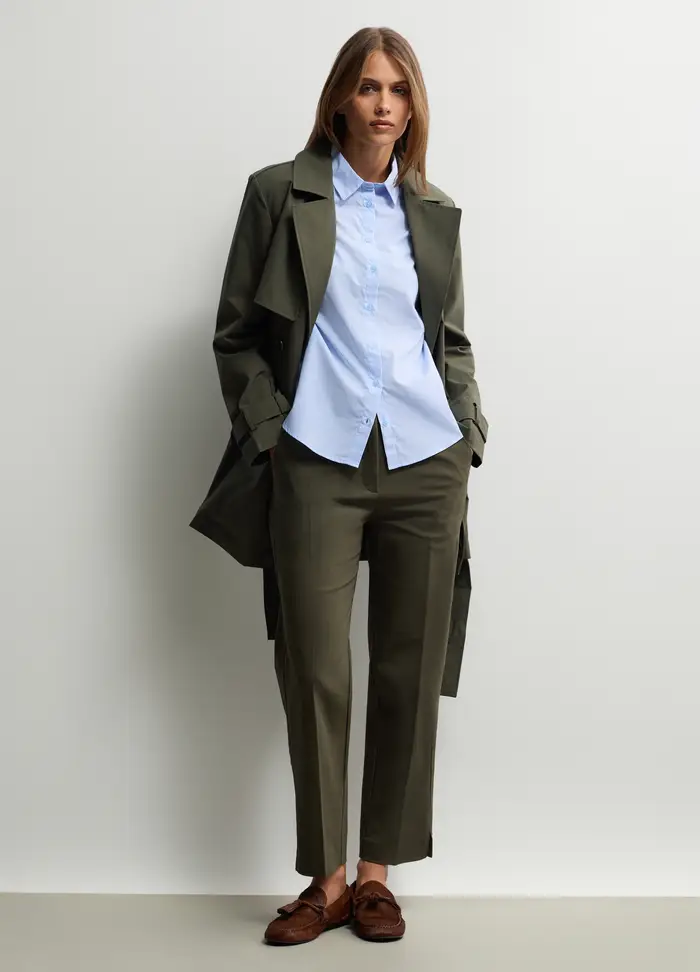 Pantaloni Chino Fit Regular Misto Cotone Stretch Donna, Verde oliva