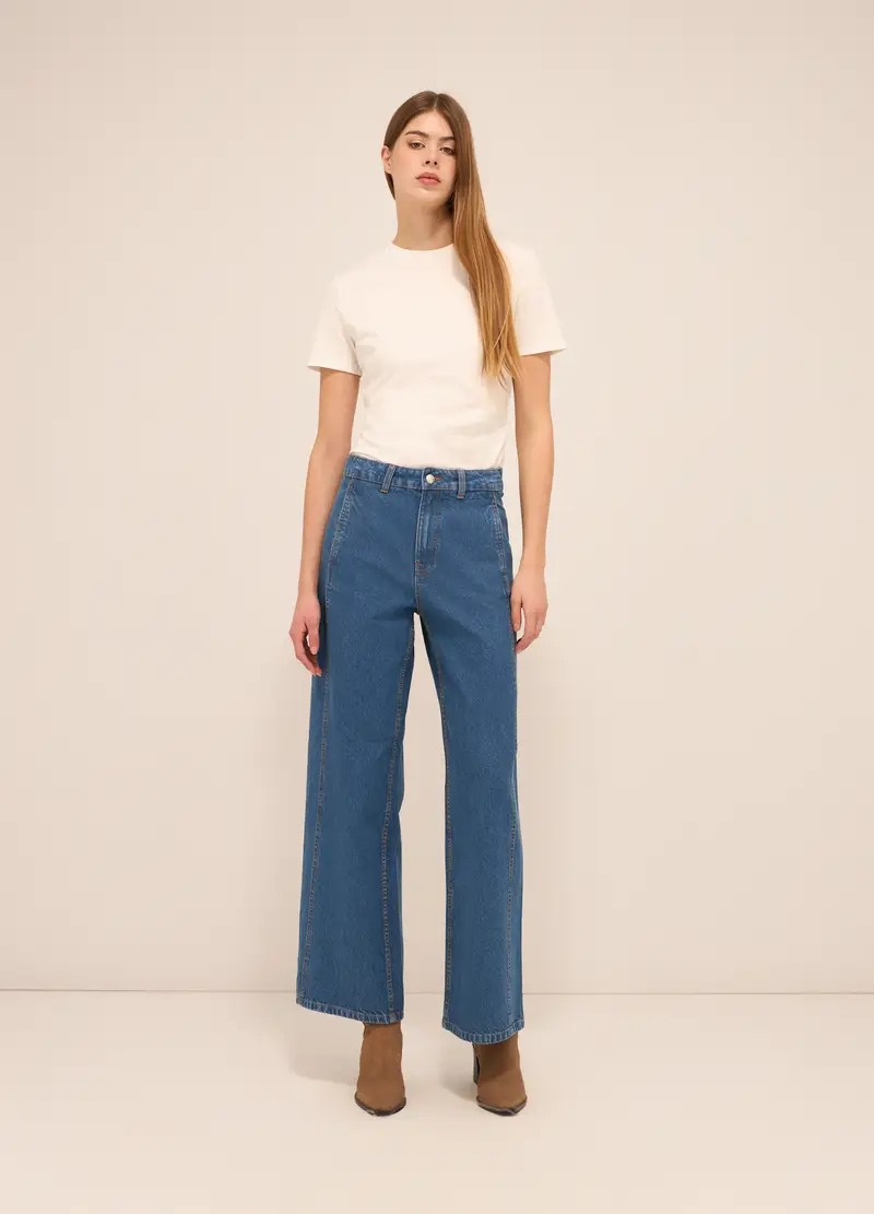 Upim Pantaloni In Denim Di Puro Cotone Wide Leg Donna, Blu denim
