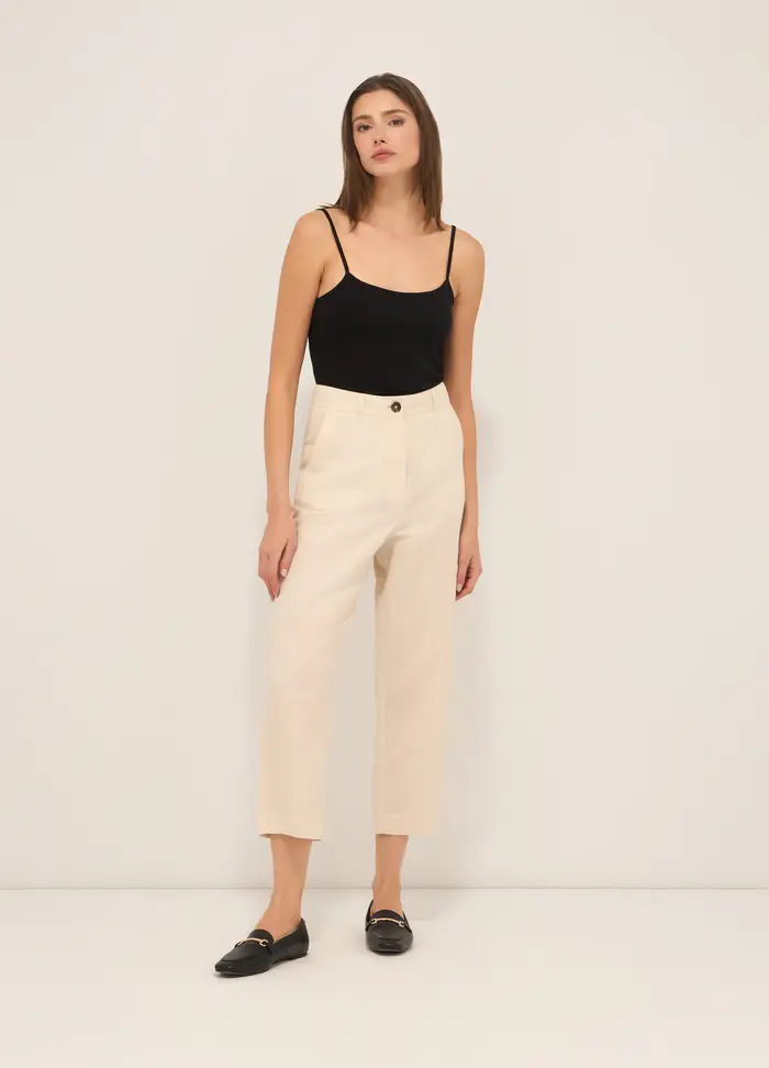 Pantaloni Misto Lino, Donna, Beige chiaro