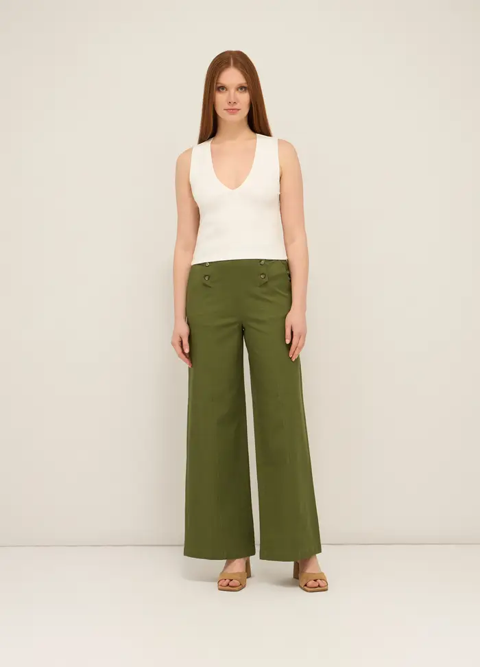 Pantaloni Palazzo In Cotone Stretch Donna, Verde foglia