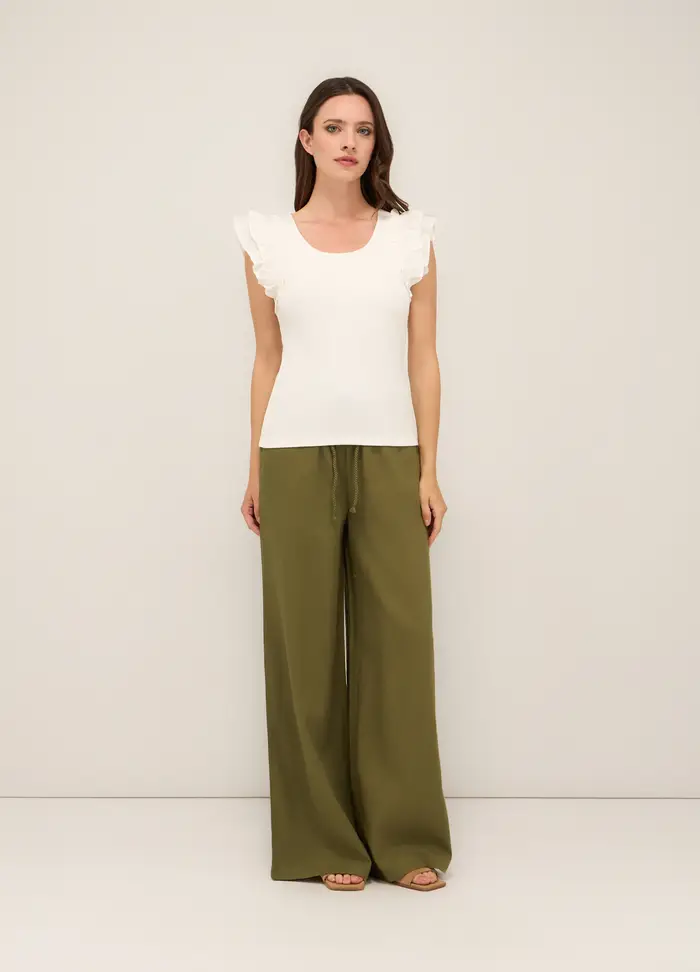 Pantaloni Palazzo Misto Lino Donna, Verde oliva
