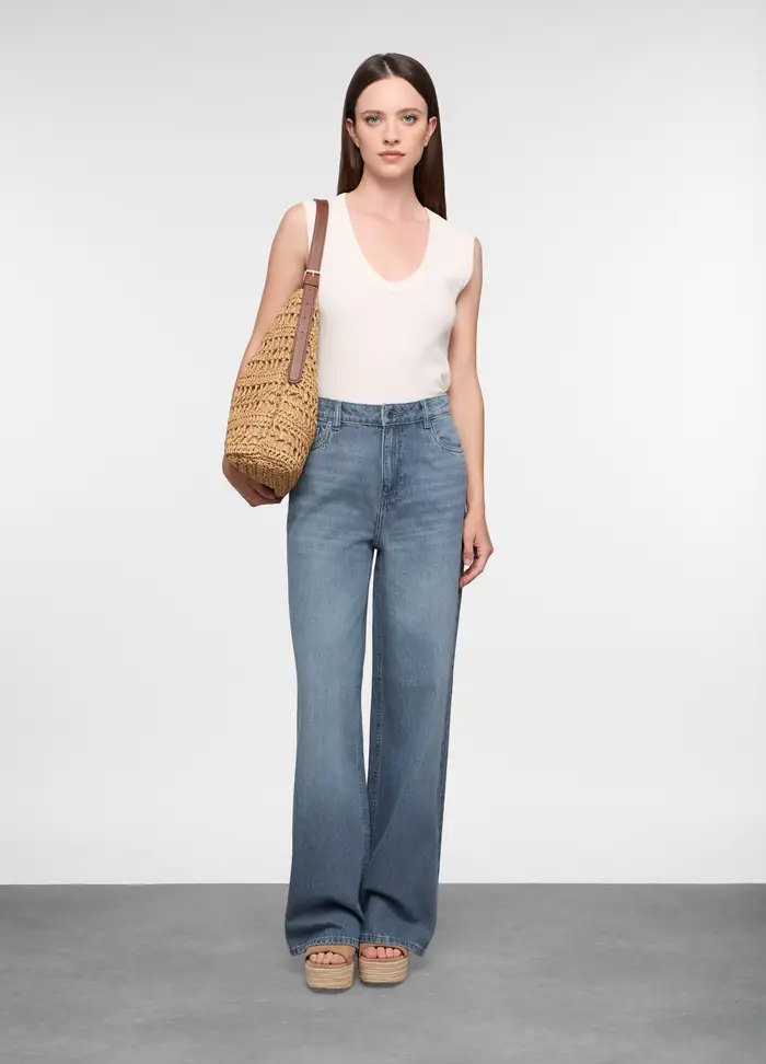 Pantaloni Wide Leg In Denim Di Puro Cotone Donna, Grigio chiaro