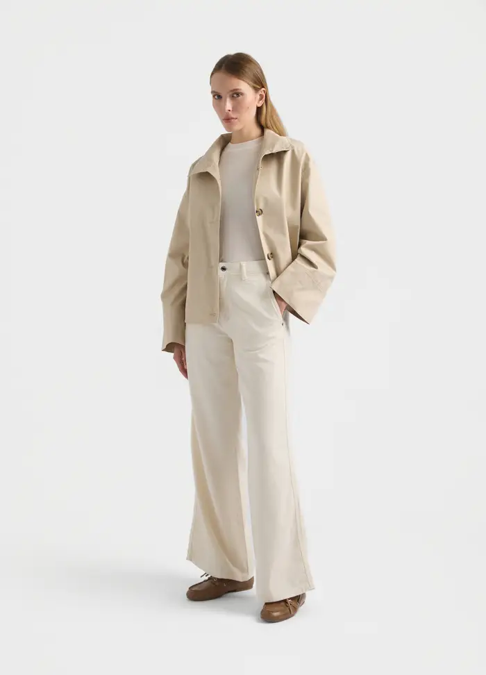 Pantaloni Wide Leg In Denim Misto Cotone Donna, Unisex, Bianco panna
