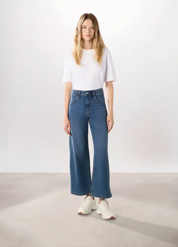 Pantaloni Wide Leg In Denim Misto Cotone Stretch, Donna, Blu denim