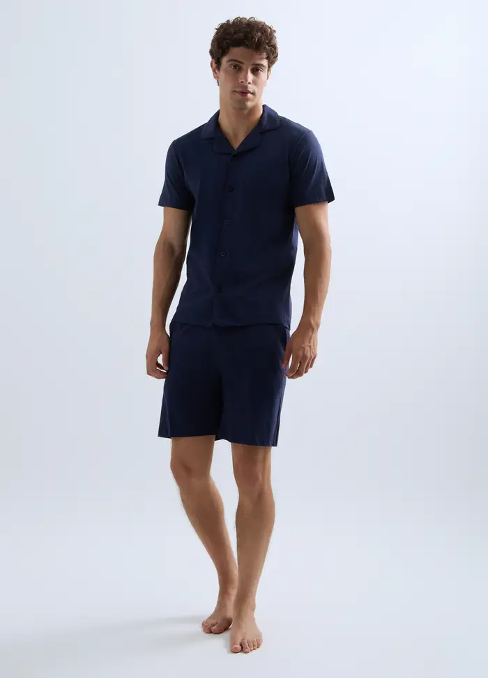 Pigiama Corto Con Camicia In Jersey Di Cotone Uomo, Blu navy