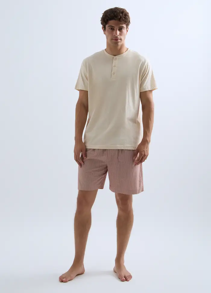 Pigiama Corto Con Maglia Serafino In Jersey Di Cotone Uomo, Bianco avorio