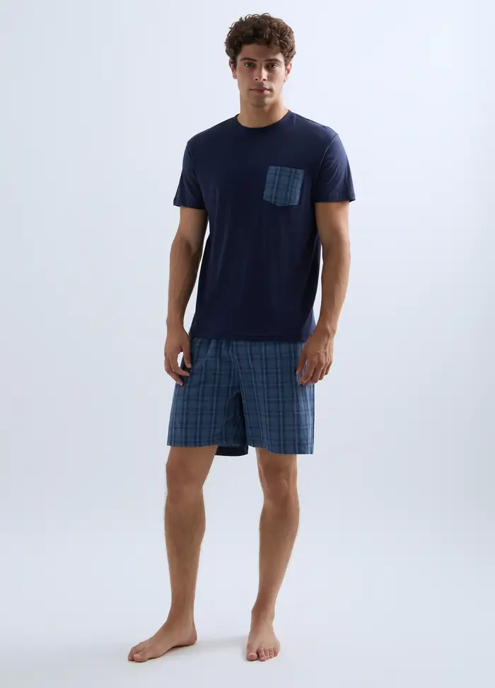 Pigiama Corto Con T-shirt In Jersey Di Cotone Uomo, Blu/Azzurro