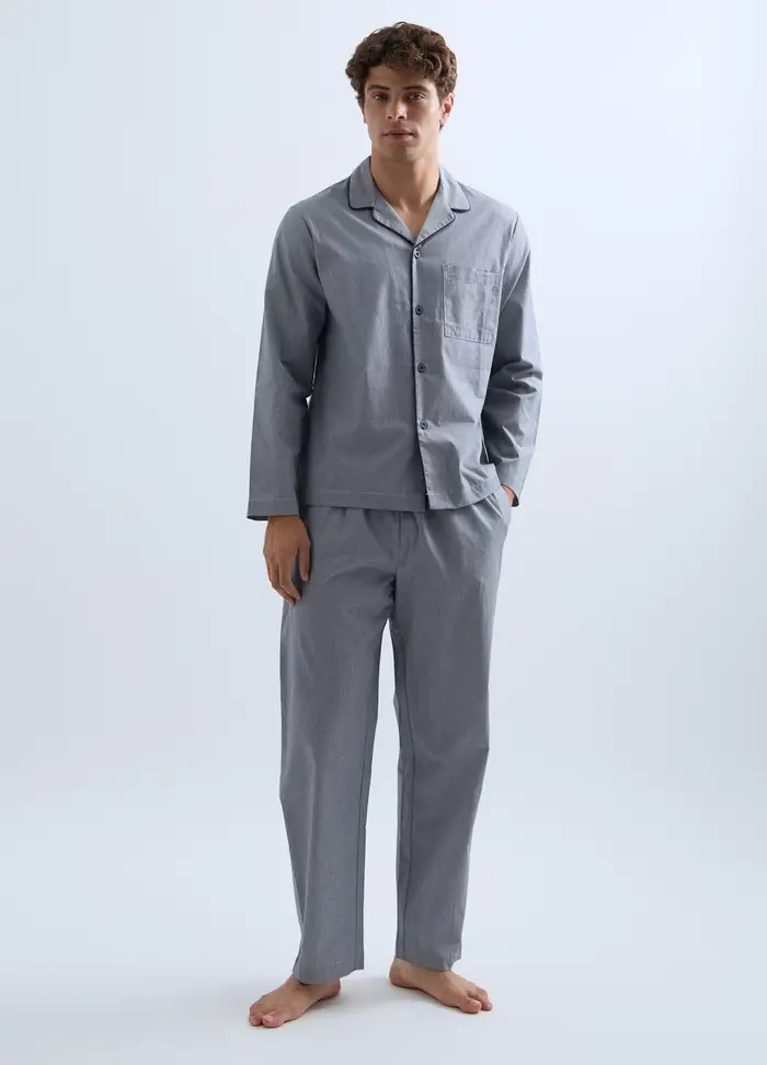 Pigiama Lungo In Cotone Pied-de-poule Uomo, Bianco/Blu