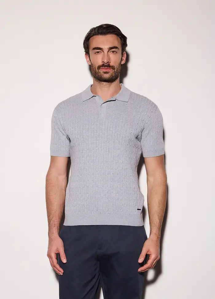 Polo A Maniche Corte In Maglia A Treccia Uomo, Grigio melange