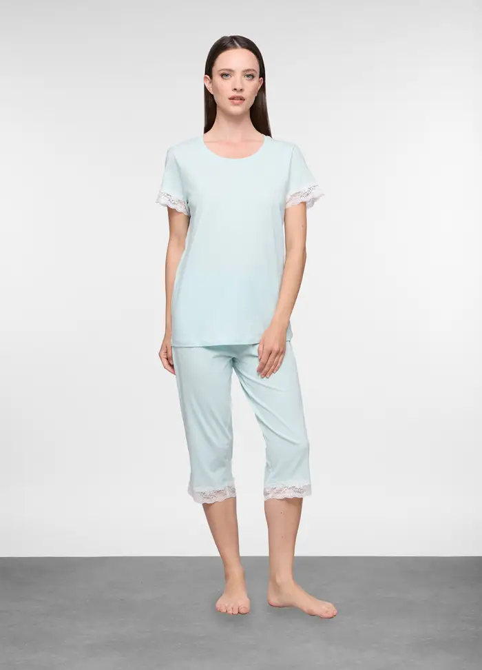 Set Pigiama Corto In Jersey Di Puro Cotone Donna, Azzurro chiaro
