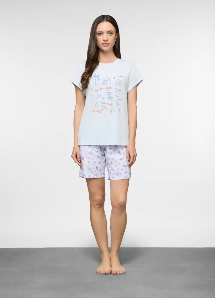 Set Pigiama Corto In Jersey Di Puro Cotone Donna, Azzurro chiaro