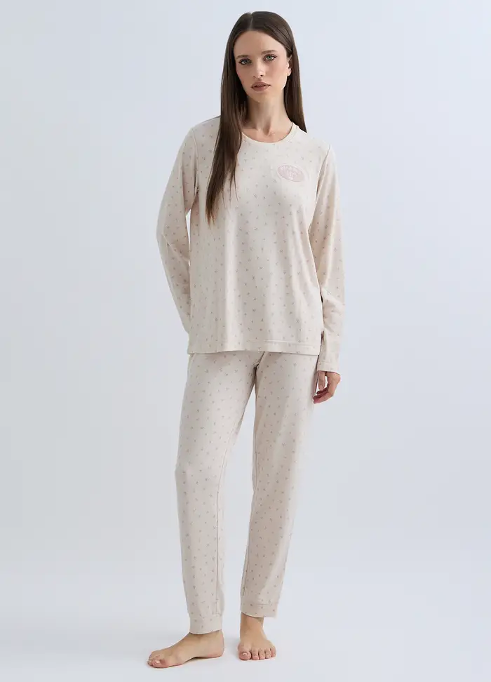 Set Pigiama Lungo Con Stampa Donna, Bianco avorio