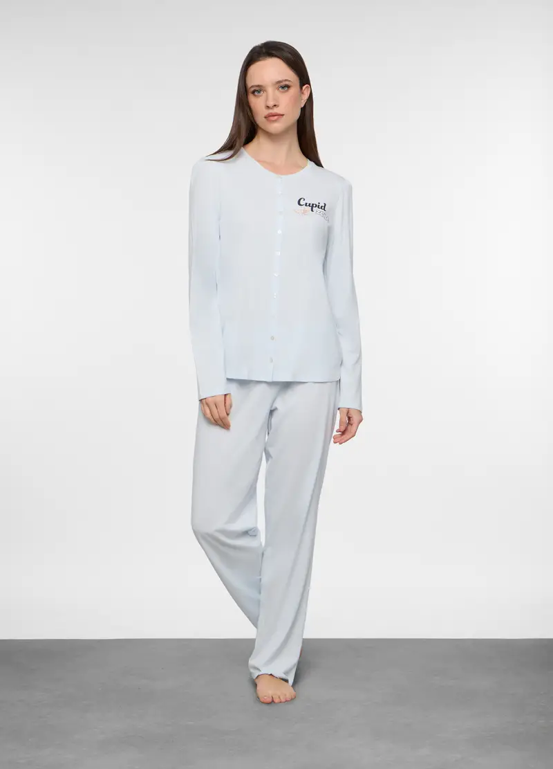 Upim Set Pigiama Lungo In Jersey Di Puro Cotone Donna, Azzurro chiaro