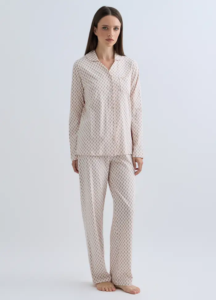 Set Pigiama Lungo In Jersey Di Puro Cotone Donna, Beige chiaro