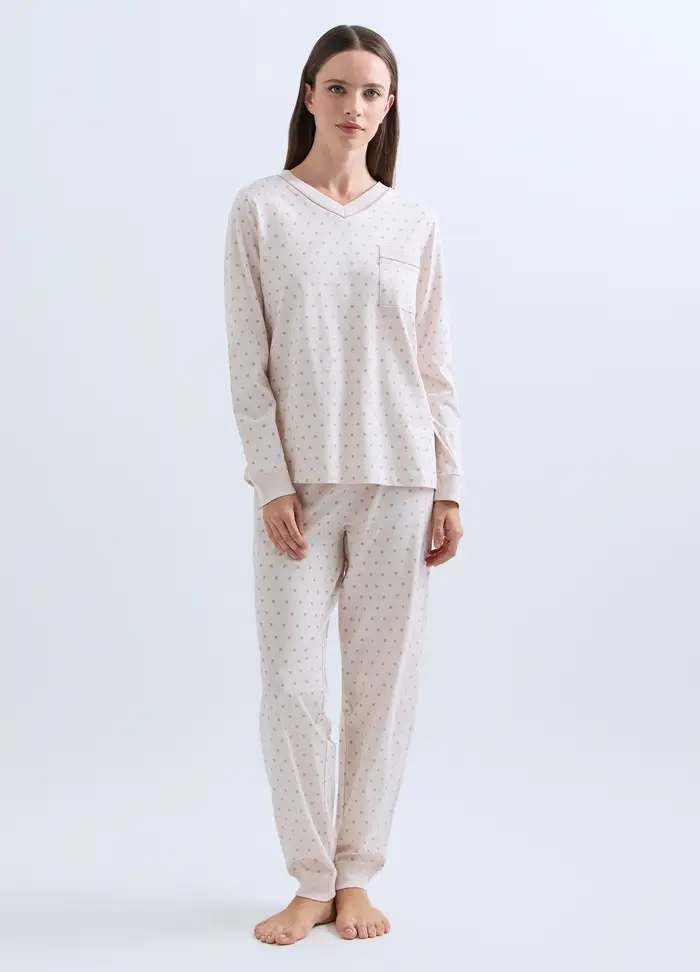 Set Pigiama Lungo In Jersey Di Puro Cotone Donna, Bianco