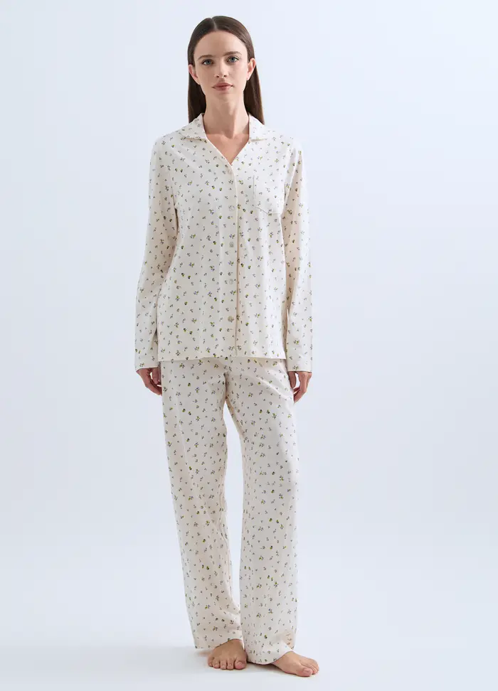 Set Pigiama Lungo In Jersey Di Puro Cotone Donna, Bianco panna