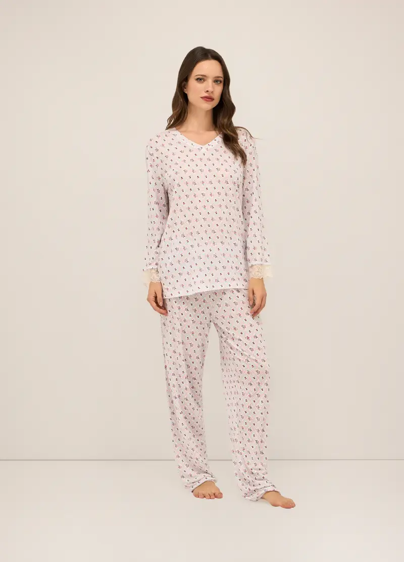 Upim Set Pigiama Lungo In Pura Viscosa Donna, Bianco/Rosa