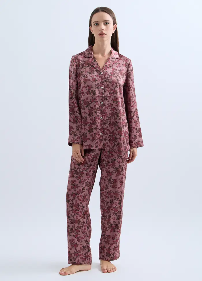 Set Pigiama Lungo In Raso Donna, Rosa scuro
