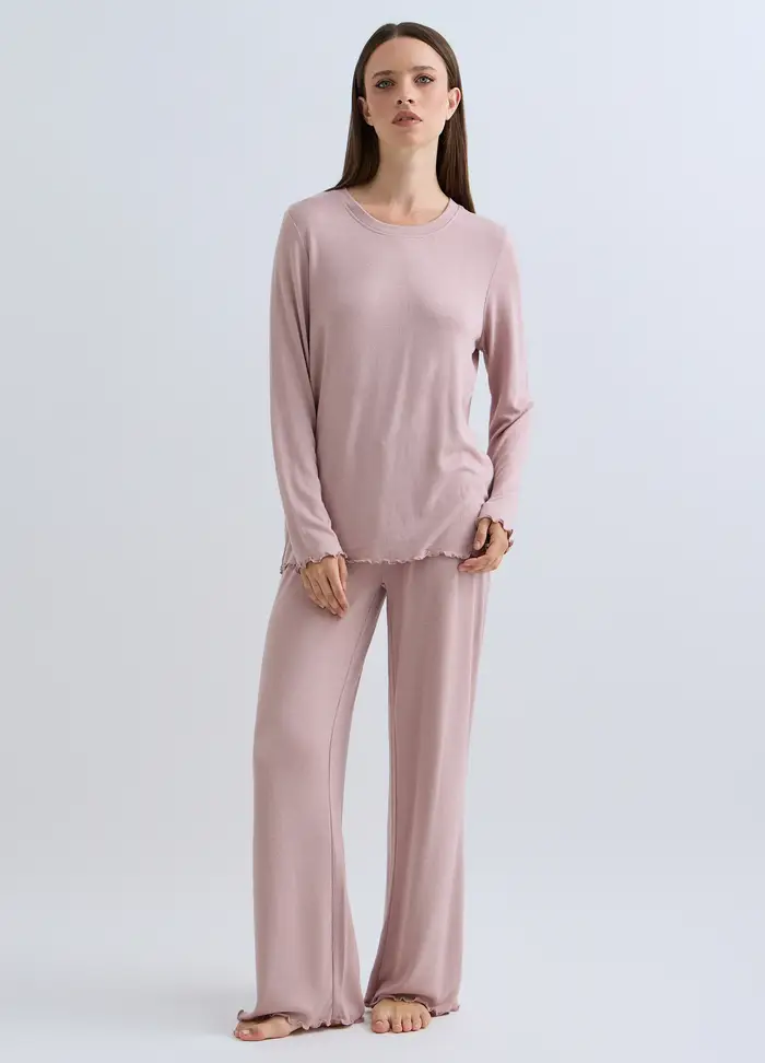 Set Pigiama Lungo In Velour Misto Viscosa Stretch Donna, Rosa pastello