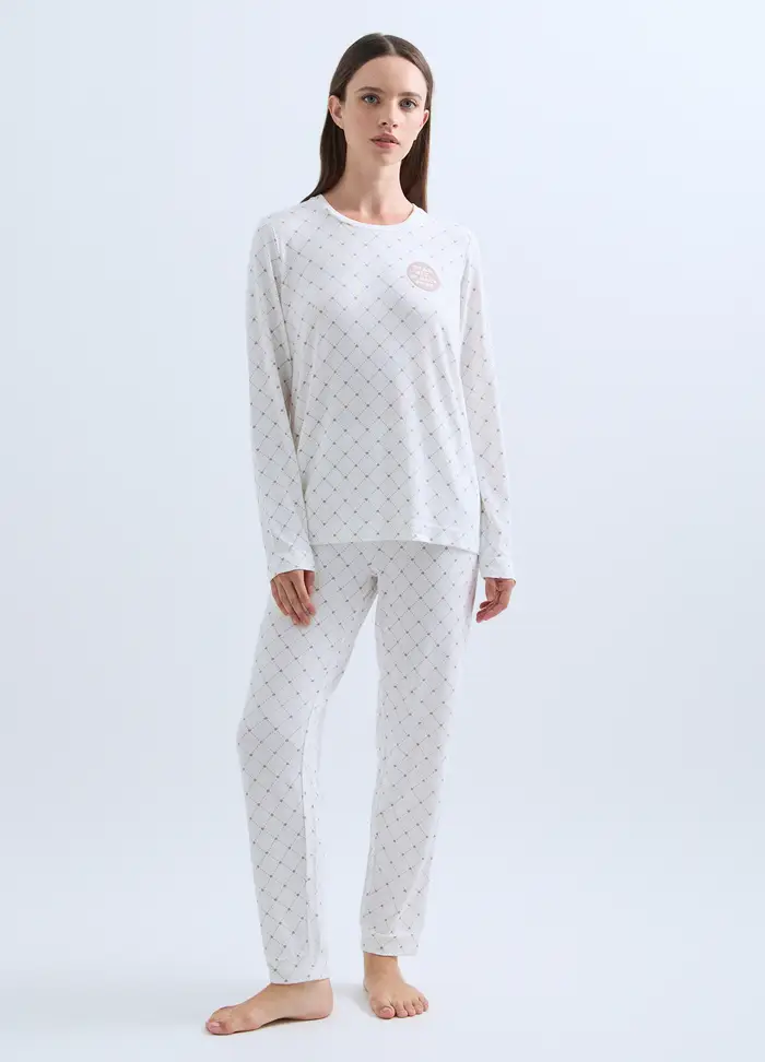 Set Pigiama Lungo Stretch Donna, Bianco ottico