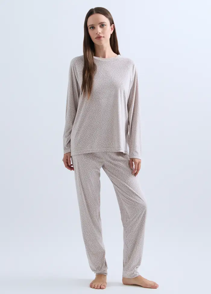 Set Pigiama Lungo Velour Donna, Beige chiaro