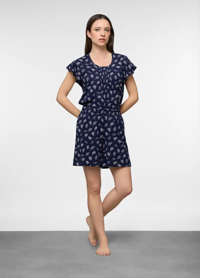 Shorts Pigiama In Jersey Di Puro Cotone Donna, Blu scuro