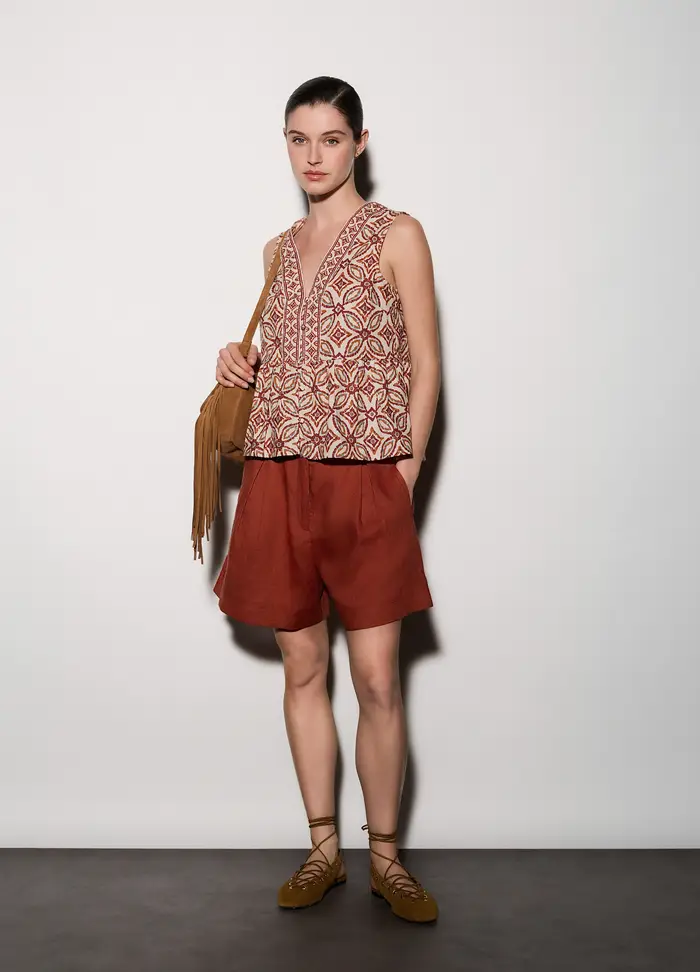 Shorts Regular Fit In Puro Lino Donna, Unisex, Rosso mattone