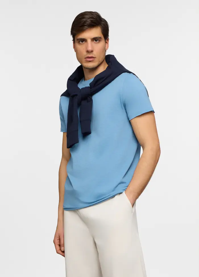 T-shirt A Maniche Corte Slim Fit In Cotone Uomo, Unisex, Azzurro celeste