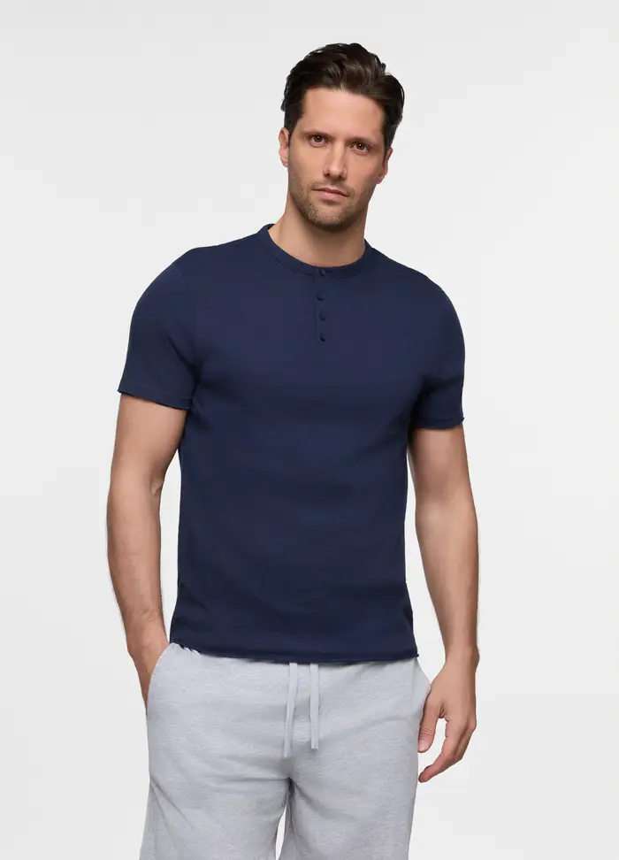 T-shirt Collo Serafino In Cotone Uomo, Unisex, Blu navy