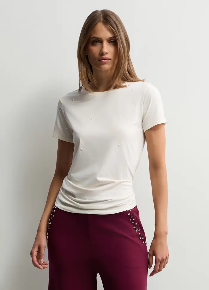 T-shirt Girocollo Stretch Donna, Bianco panna